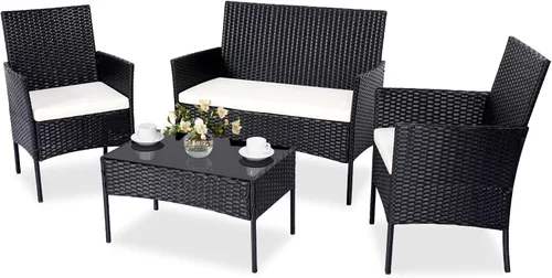 Juego de muebles de patio, juego de 4 piezas para conversación de jardín, mesa y sillas de mimbre para exteriores, juego de patio negro, sofá