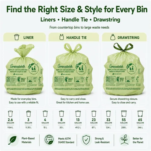 Miniatura 9 de Bolsas de basura compostables UNNI, 2.6 galones / 9.84 litros, 100 unidades, extra gruesas de 0.71 mil, forros para contenedores pequeños de restos
