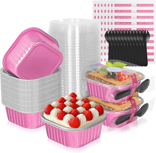 Miniatura 10 de Mini moldes para pasteles de 10 oz con tapas, paquete de 40 moldes de papel de aluminio para brownies, moldes desechables tipo ramekins para Dorado