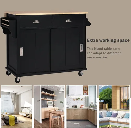 Miniatura 7 de Olela Carrito de isla de cocina con hojas colgantes de madera, mesa de cocina rodante con armario de almacenamiento y toallero, estante ajustable