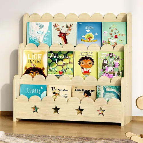 Miniatura 10 de EXPERLAM Estantería infantil 2 en 1 con 2 cajones de almacenamiento de juguetes, estantería frontal festoneada de 3 niveles para niños, organizador