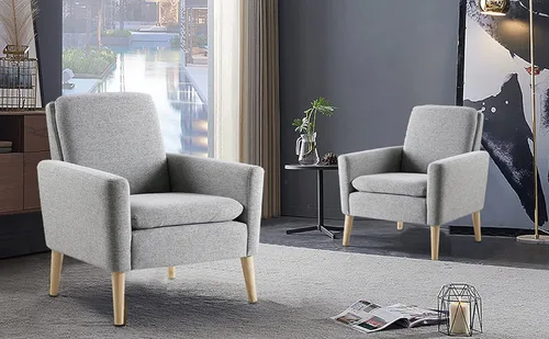 Miniatura 7 de Juego de 2 sillas decorativas para sala de estar, silla de lectura cómoda tapizada de tela, sillón moderno de mediados de siglo para dormitorio, Gris