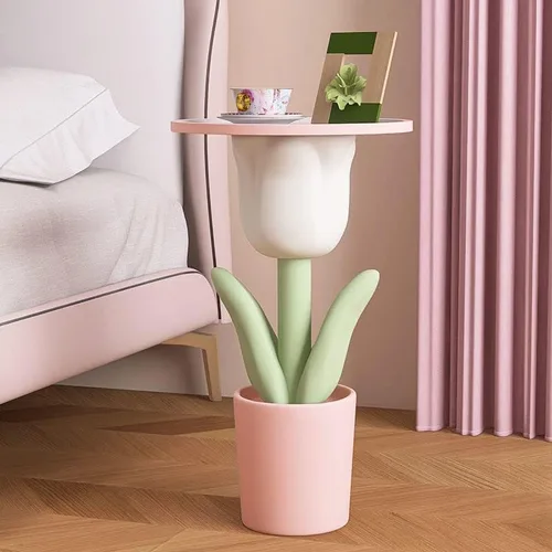 Miniatura 4 de Mesa auxiliar con forma de tulipán, mesa de centro pequeña con bandeja de almacenamiento, 11.8 x 11.8 x 20.1 in, mesa auxiliar de resina alta