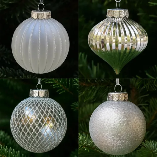 Miniatura 10 de Adornos de Navidad Plateados – 32 Piezas de Decoraciones Plásticas Irrompibles para Árbol Navideño, 16 Bolas de Nieve con Purpurina (3.15"/2.36"), 8