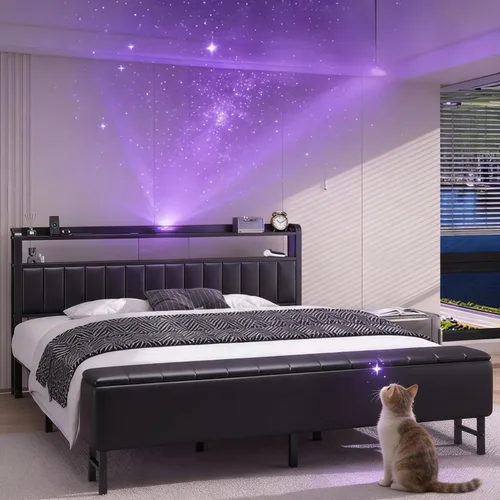 Miniatura 12 de Base de cama de tamaño matrimonial con proyector de estrellas y estación de carga, plataforma tapizada de piel sintética con cabecera de Negro