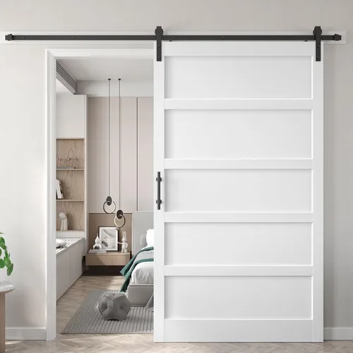 Miniatura 21 de Fredbeck Puerta de granero blanca de 30 x 84 pulgadas con kit de herrajes para puerta corredera de 5.5 pies incluido y asa, sólida, MDF, superficie