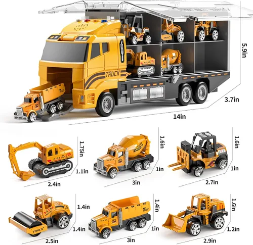 Miniatura 2 de TEMI Juguetes para Niños Pequeños de 3 4 5 6 Años Niños, Set de Juguetes de Construcción de Vehículos Fundidos a Presión con Transportador de Autos