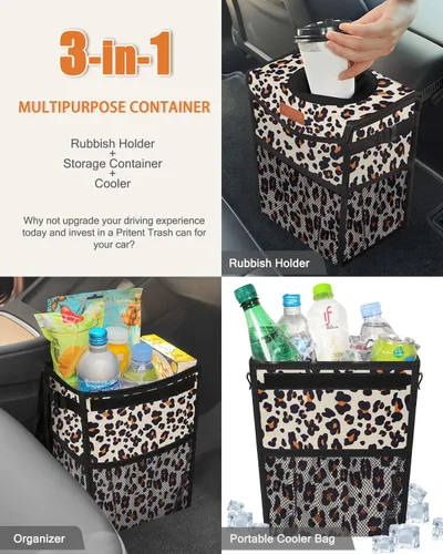 Miniatura 5 de Pritent Bote de basura para automóvil con tapa, lindo cubo de basura a prueba de fugas para colgar el vehículo, pequeño organizador portátil