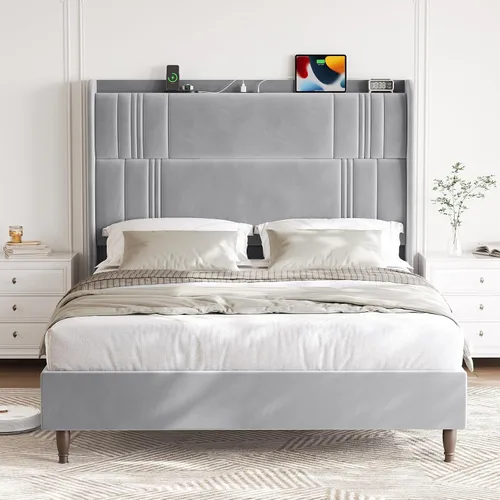Miniatura 12 de Base de cama tamaño Queen con cabecera alta, plataforma tapizada de 52 pulgadas con estación de carga, marco de cama de terciopelo de lujo, cabecera
