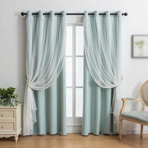 Miniatura 10 de indistar Cortinas Oscuras para el Hogar de Doble Capa con Capa Sólida y Transparente, Par de Paneles de Cortina con Ojales en la Parte Superior, 52