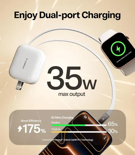 Miniatura 8 de Torras FlexLine Cargador retráctil, 35 W GaN III USB-C bloque de cargador con puertos duales, cargador de teléfono de carga rápida para iPhone