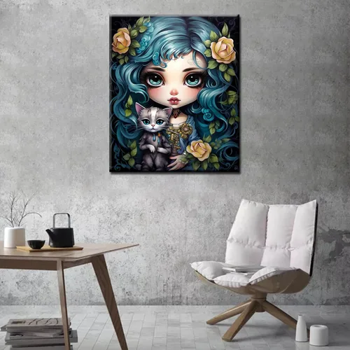 Miniatura 3 de Kit de pintura de cabeza de niña con flores, por números, con pinceles, animales, gatos, pintura al óleo acrílica para adultos y niños, plantas