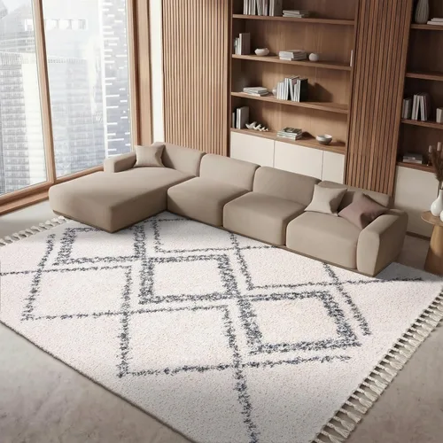 Miniatura 26 de SAFAVIEH Pro Luxe Shag Collection - Alfombra de pasillo, 2 pies 6 pulgadas x 6 pies, color crema y azul, diseño de borlas bohemias, no desprende