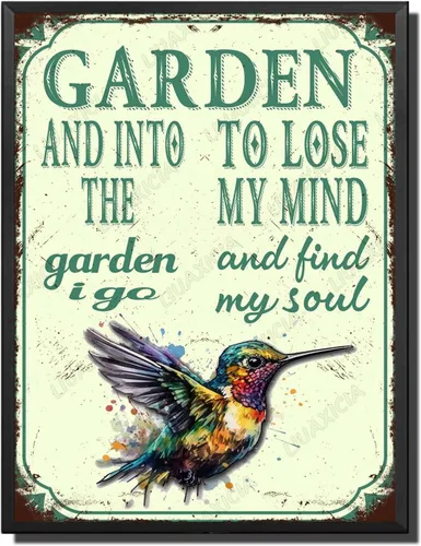 Miniatura 29 de LIUAXICIA Letreros divertidos de metal con texto en inglés "In The Garden to Lose My Mind and Find My Soul Bee Garden - Letreros de lata