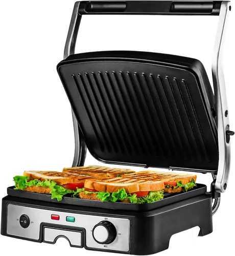 OVENTE Sandwichera eléctrica Panini Press, parrilla interior de 1500 W con placas revestidas antiadherentes, control de temperatura y bandeja de
