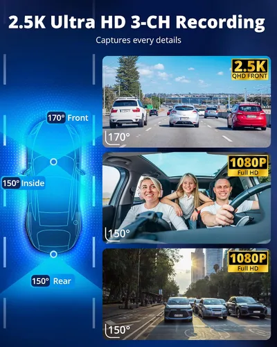 Miniatura 3 de Cámara de tablero delantera y trasera en el interior, cámara de tablero FHD de 3 canales de 2.5K para automóviles con pantalla de 2 pulgadas, cámara