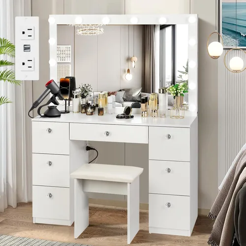 SMOOL Tocador con espejo iluminado, escritorio de maquillaje con toma de corriente y bombillas LED, 3 modos de iluminación de color brillo Blanco