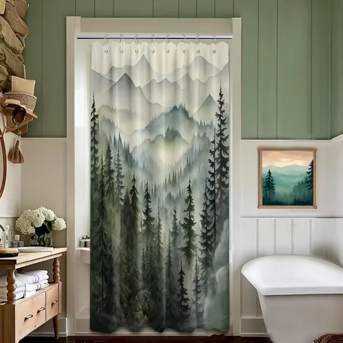 Miniatura 44 de Cortina de ducha azul marino de bosque Cortina de ducha azul oscuro de montaña y naturaleza para decoración de baño de hombres, tela impermeable