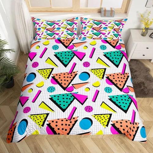 Miniatura 11 de Juego de funda de edredón retro de los años 80 y 90 para hombres y niños, tamaño matrimonial, con formas geométricas redondas triangulares, funda