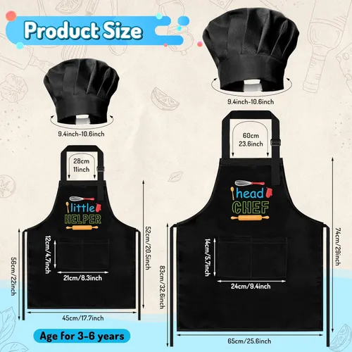 Miniatura 3 de R HORSE Juego de delantal y gorro de chef para adultos y niños - 4 piezas, delantal y gorro de cocina ajustables para padres e hijos, juguete