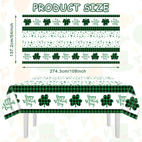 Miniatura 2 de Whaline 3 manteles desechables para el día de San Patricio, color verde y negro, a cuadros, trébol, trébol, rectangular, de plástico, mantel