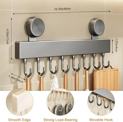 Miniatura 2 de Ganchos de pared de cocina con 8 ganchos – Soporte organizador de utensilios de cocina montado en la pared para colgar ollas, sartenes, toallas