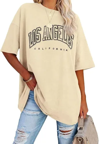 Dressmine Camisetas de gran tamaño para mujer, de Los Ángeles, California, cuello redondo, media manga, camisetas gráficas casuales