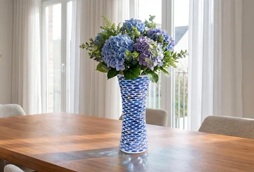 Miniatura 7 de Jarrón de mosaico de escamas de pez azul marino profundo de 11.6 pulgadas de alto, exquisito jarrón de vidrio alto hecho a mano, centro de mesa