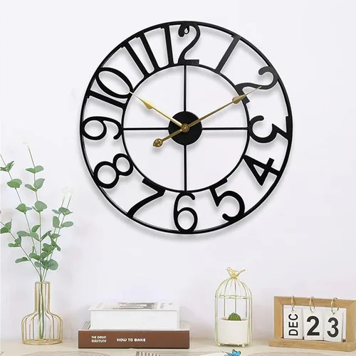 Miniatura 9 de Reloj de pared grande de 20 pulgadas para decoración del hogar para sala de estar, relojes de arte de hierro sin tictac, números romanos, metal Negro