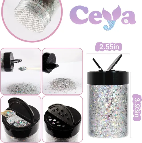 Miniatura 4 de Ceya - Purpurina holográfica gruesa, 140 g / 4.9 oz, plata, polvo de purpurina para manualidades, lentejuelas finas y gruesas mezcladas, plateado