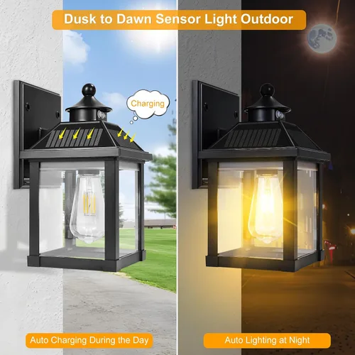 Miniatura 3 de Paquete de 2 luces solares de pared para exteriores, luces LED de porche del atardecer al amanecer, sensor de movimiento, aplique solar impermeable