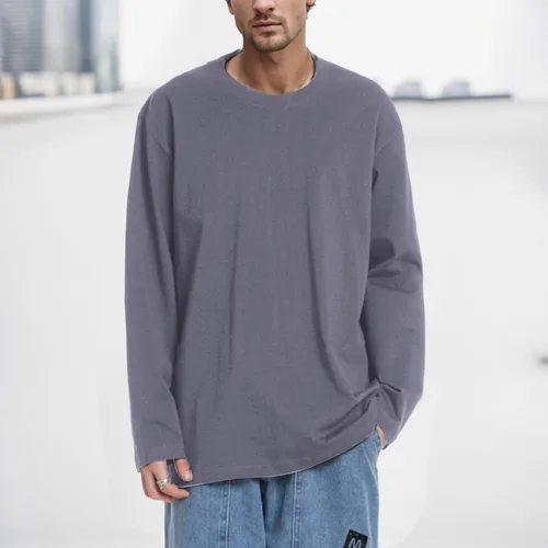 Miniatura 3 de MensWomens Cotton Loose Round Neck Long Sleeve T Shirt Pure Cotton Solid Color Base Shirt for Big & Tall