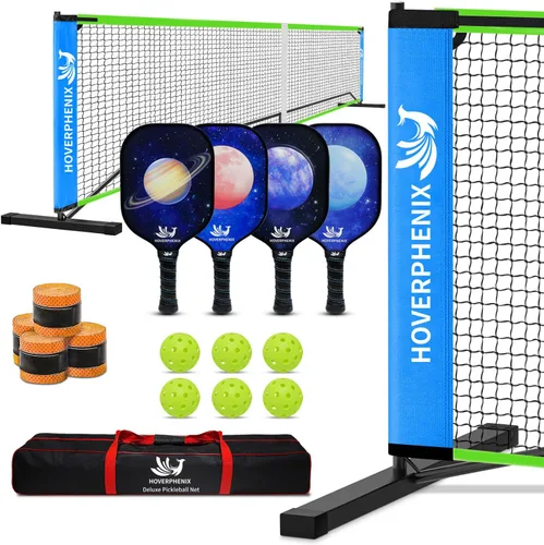 Hoverphenix Portable Pickleball Net Set, 22FT Regulation Size Pickle Ball Net with Paddle Set of 4, Pickleballs and Carry Bag, Easy Setup for Indoor