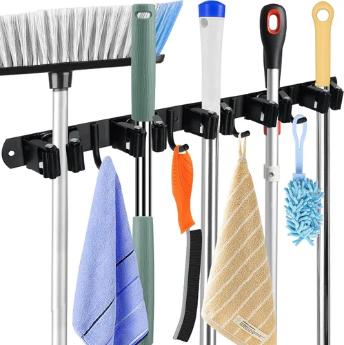 Huryfox Soporte para fregona y escoba montado en la pared, resistente estante de acero inoxidable con ganchos utilitarios, 5 estantes, 4 ganchos de