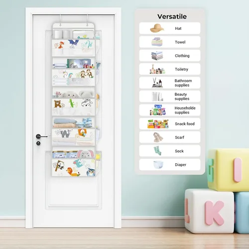 Miniatura 2 de Clastyle Organizador sobre la puerta del alfabeto de animales, diseño de león, mono, 5 estantes, armario, guardería, estantes colgantes, ropa