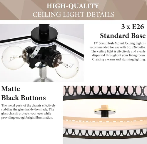 Miniatura 5 de Lámpara de techo semiempotrada de 17 pulgadas, moderna iluminación de techo E26 de doble tambor de 3 luces con jaula de malla de hierro negro mate
