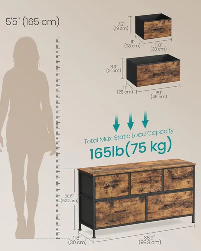 Miniatura 2 de SONGMICS Cómoda para dormitorio, cómoda, acero, MDF, 5 cajones de tela no tejida, unidad organizadora de almacenamiento, armario, entrada, marrón