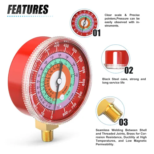 Miniatura 5 de MEANLIN MEASURE Medidor de presión de refrigeración, 1/8" NPT, 0-800Psi, 2-3/4" dial, R-404A, R-22, R-410A, grado F, con 1/4" NPT y 3/8" NPT buje