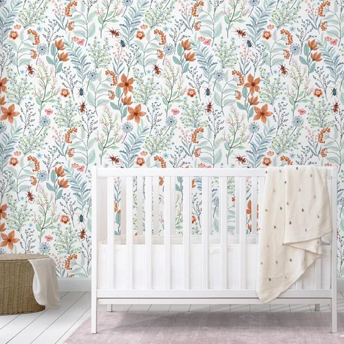Miniatura 2 de VEELIKE Papel tapiz floral de escarabajos azules y naranjas para cuarto de bebé, baño, 17.7 x 354 pulgadas, autoadhesivo, extraíble, botánico, papel