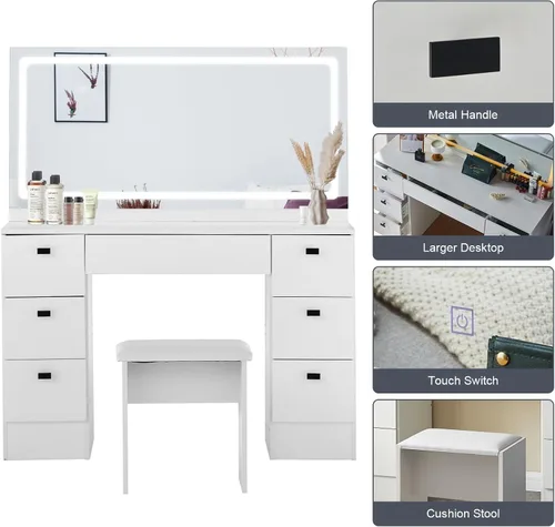 Miniatura 8 de CLIPOP Escritorio de tocador de maquillaje con espejo iluminado grande, mesa de maquillaje con 7 cajones, toma de corriente, control táctil, 3 modos