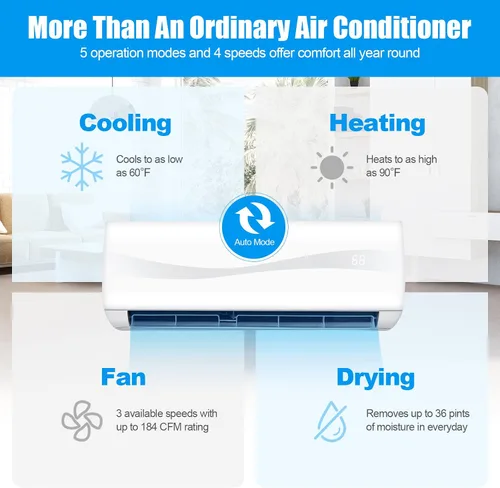 Miniatura 3 de ARLIME Mini Split AC/sistema de calefacción, 12000 BTU 17 SEER2 aire acondicionado dividido de ahorro de energía con bomba de calor de 1 tonelada
