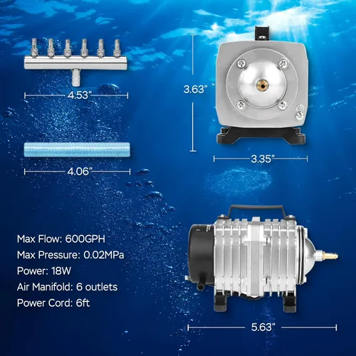 Miniatura 6 de Bomba de Aire para Acuario AquaMiracle con Carcasa de Aluminio, Bomba de Burbujas para Tanque de Peces de 600/1000/1200/1750GPH Aireador de Estanque