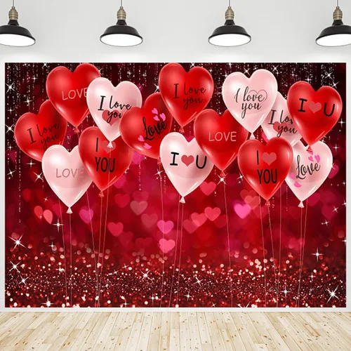 Telón de fondo para el día de San Valentín de 15 x 8 pies para fotografía, corazones de amor, fondo brillante con purpurina para amantes, decoración