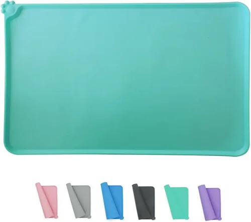 Miniatura 7 de Tapete de silicona para alimentación de mascotas, impermeable, para perros y gatos, bordes elevados para evitar derrames, bandeja individual Azul