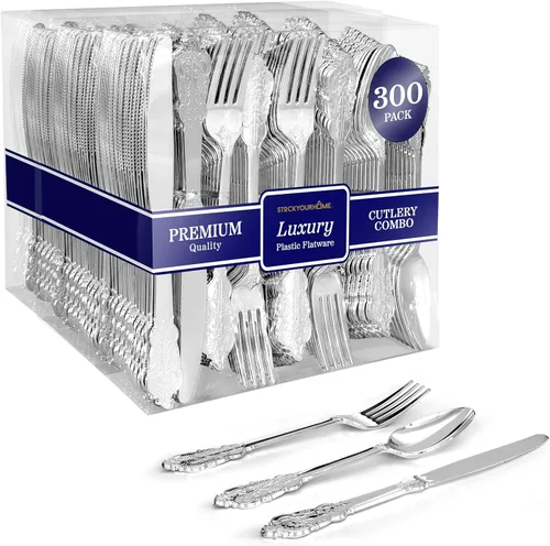 Juego de cubiertos de plástico plateado de 300 piezas, 100 tenedores, 100 cucharas, 100 cuchillos, utensilios desechables resistentes, cubiertos