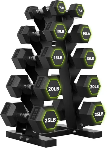 Miniatura 17 de HANDBODE Rubber Coated Hex Dumbbell Set with A-Frame Rack, 100 lb - 550 lb Multiple Options Weight, Hexagon Non-Rolling Shape, Ergonomic Knurled