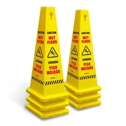 Miniatura 8 de Paquete de 3 conos húmedos de 36 pulgadas, color amarillo brillante de 36 pulgadas, letrero de precaución bilingüe de 4 lados, impresión de suelo