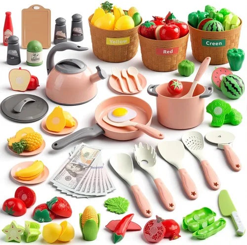 Juego de 90 accesorios de cocina, cocina de simulación con ollas, sartenes, utensilios de cocina, alimentos, frutas, verduras, cestas de Rosa