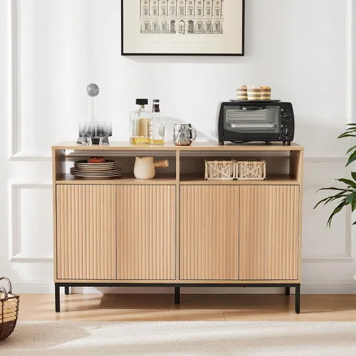 Miniatura 9 de Mericonia Aparador Buffet de Granja con Almacenamiento, Barra de Café Acanalada con Puertas y Estantes Ajustables, Gabinete de Consola de Madera A