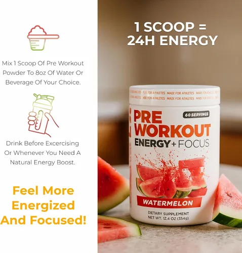 Miniatura 6 de ABOUT TIME Preworkout Energy + Focus (Sabores naturales, sin nerviosismo, sin gluten, baja estima) - Sandía, 60 porciones